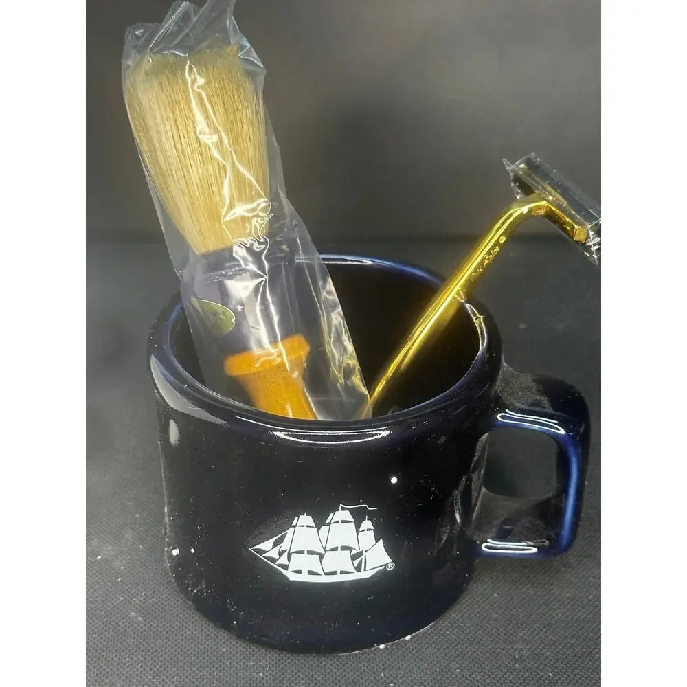 NEW 1985 Old Spice Shaving Mug, Boar Bristle Shaving Brish, solid Brass Razor